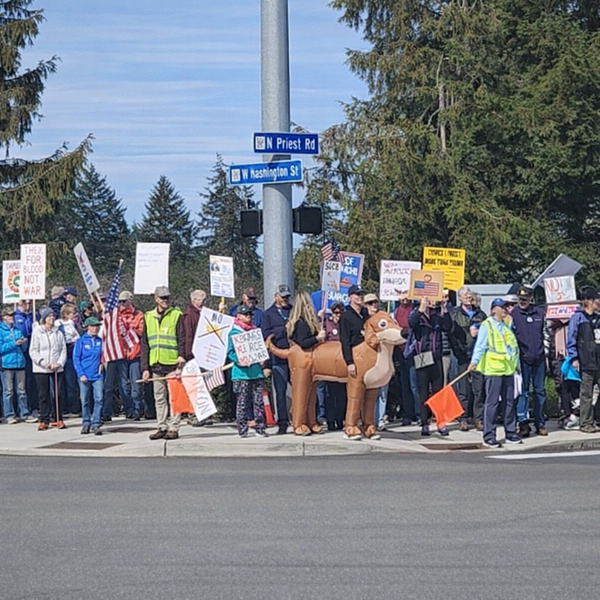 A large logo depicting the news story THOUSANDS RALLY IN SEQUIM’S “NO KINGS” DEMONSTRATION
